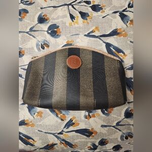 Fendi Pecan Pouch Large Striped Pattern PVC Vintage Brown